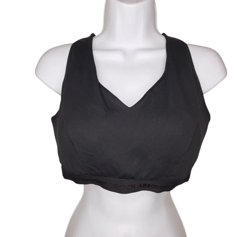 Shock Absorber Medium Support Sports Bra Black 38D Racerback V-Neck V4246 NWOT